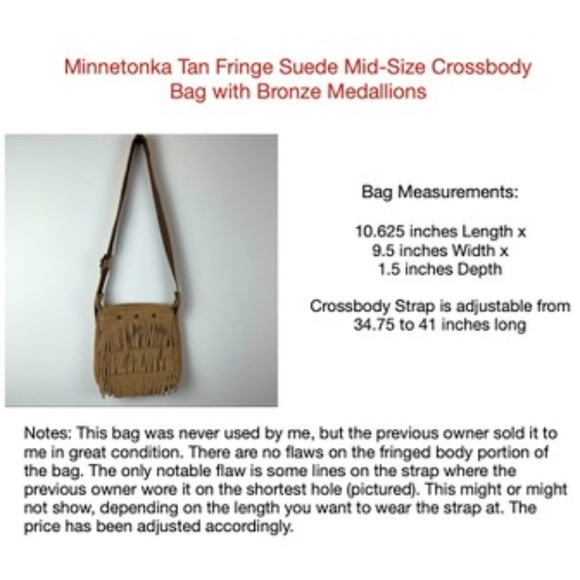 Minnetonka Camel Suede Fringe Mid-Size Crossbody Bag with Bronze Medallions - Picture 15 of 15